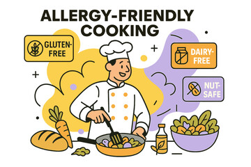 Allergy-Friendly Cook. Allergy-Friendly Cooking. A cheerful cook prepares a colorful meal surrounded by
