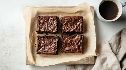 Delicious homemade brownies on parchment paper with a cup of coffee for National Brownie Day, National Brownies at Brunch Month