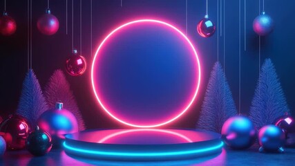 Futuristic Christmas scene with a circular neon podium for product display, surrounded by decorative baubles and glowing Christmas trees, creating a modern and vibrant holiday atmosphere - Powered by Adobe