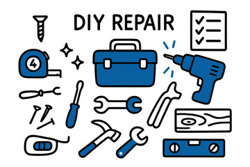 Fototapeta premium DIY Repair Doodles. // DIY repair. Hand-drawn doodle illustration DIY repair [toolbox (accented), tape measure (accented), screw (accented), screwdriver,
