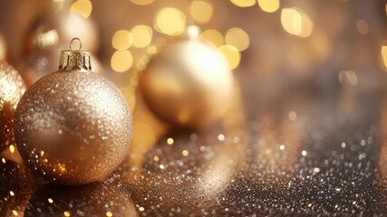 Elegant golden christmas baubles and sparkling ornaments laying on a glittery surface with a festive warm bokeh background, perfect for holiday greetings and seasonal celebrations - Powered by Adobe