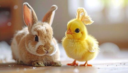 Cuddly fluffy chick and tan bunny sitting side-by-side on the floor, bathed in bright sunny sunlight
