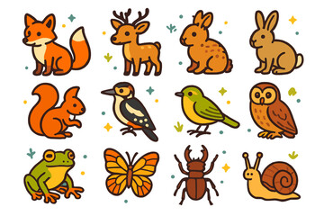 Naklejka premium Forest Wildlife Icons. Forest wildlife in May. Colorful isometric vector icons set of Forest wildlife in May: red fox, roe deer, hedgehog, hare, red squirrel,