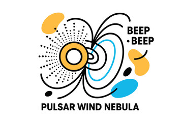 Obraz premium Pulsar Wind Nebula. Pulsar Wind Nebula. A central pulse ring ripples outward; ?Beep ? Beep? ticks like a heartbeat beside magnetic field lines. Charged