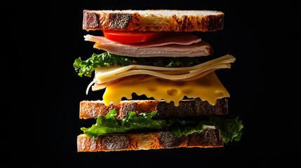 Floating Sandwich Layers: A Culinary Still Life on Deep Black Background for National BLT Sandwich Month, National Sandwich Month, British Sandwich Week, National Sandwich Day