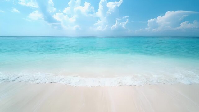 A panoramic view of a pristine beach with turquoise waters and white sand. The sky above is a clear blue with fluffy white clouds. The beach is devoid of people.