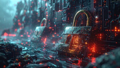 Cybernetic padlocks overlaid on a complex, glowing circuit board with red and blue lights