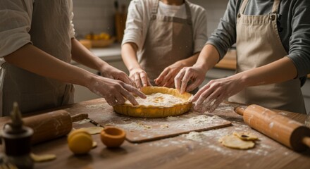 Three people preparing a pie in the kitchen. Family baking together, making a fruit pie. Culinary class or cooking activity concept.