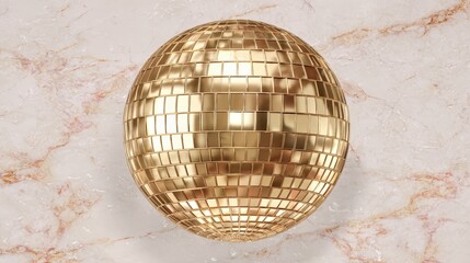 Shiny golden disco ball with mirrored tiles, placed on a polished marble background, enhancing the ambiance for parties and celebrations, perfect for event decoration