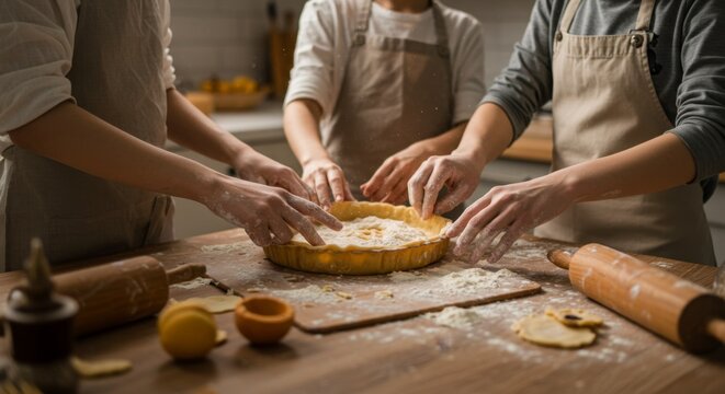 Three people preparing a pie in the kitchen. Family baking together, making a fruit pie. Culinary class or cooking activity concept.
