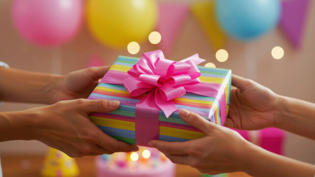 Two hands exchanging a colorful wrapped gift with a pink bow, a concept of giving, receiving, and celebration for birthday or a holiday. - Powered by Adobe