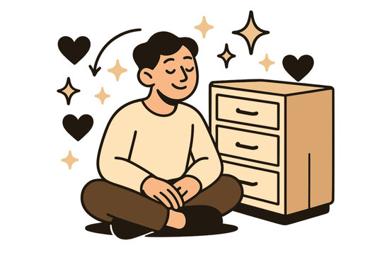 Peaceful Daily Routine. Daily routine calm. Person sitting peacefully near organized drawers; soft glow and