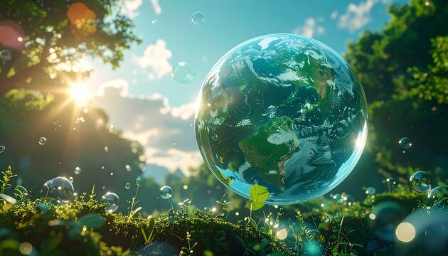 Earth globe in a bubble hovers over lush foliage with sunlight dappling through green trees against a blue sky