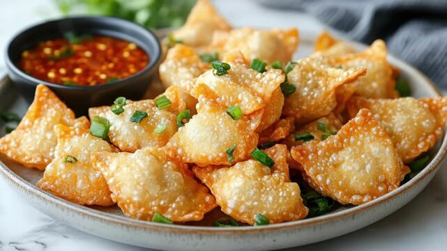 Crispy fried wontons with spicy dipping sauce and green onions garnish
