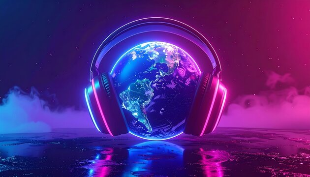Earth in headphones on a surface, lit by neon pink and blue on a black background with smoke