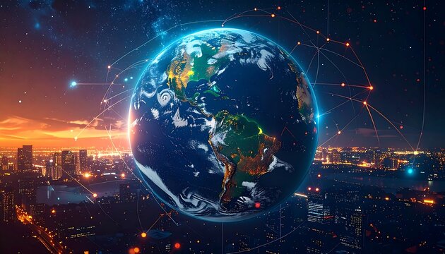 Earth, networks, and cityscape blend with golden sunset hues, creating a futuristic, interconnected world view