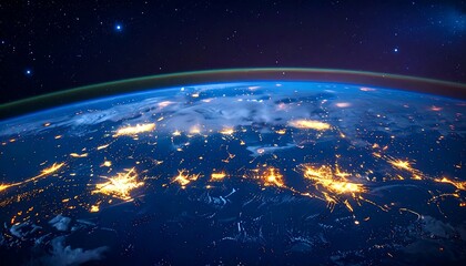 Earth view from space, glowing cities at night, blue planet curve, stars, atmospheric haze, serene deep blue backdrop