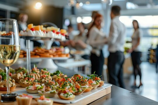 Elegant catering setup with appetizers and drinks at a social event