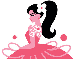 Stylized illustration of a woman in a pink dress with a ponytail and a flower accessory.