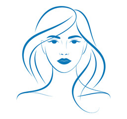 A minimalist blue line drawing of a woman's face with flowing hair on a white background.
