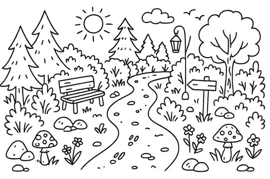 Forest Trail Doodle. Trail in Forest. Hand-drawn doodle illustration Trail in Forest forest trail, trees, bushes, rocks, mushrooms, flowers,