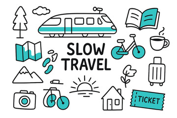 Fototapeta premium Slow Travel Icons. // Slow travel. Hand-drawn doodle illustration Slow travel [train (accented), bicycle (accented), map, mountain, camera, book (accented),