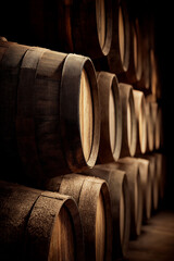 Naklejka premium Rows of wooden sherry barrels bask in soft light, creating a warm and inviting atmosphere Generative AI