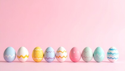 Fototapeta premium Easter eggs, pastel colors, zigzags and dots, lined up on a soft pink background, minimalistic