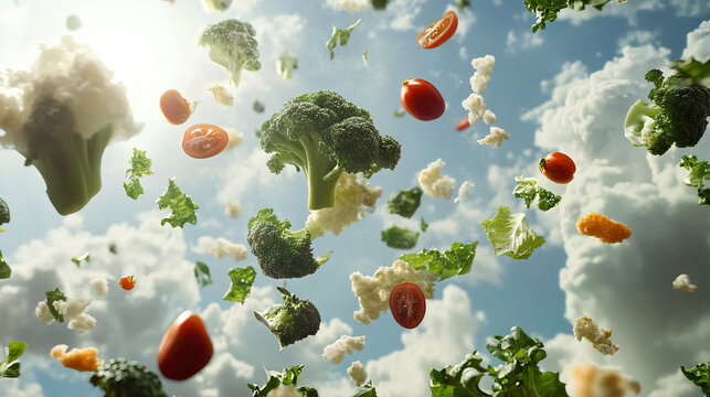 Whimsical vegetable rain against a cloudy sky, a dreamlike culinary concept for World Vegan Day, Veganuary, International Vegan Cuisine Month, World Vegan Month