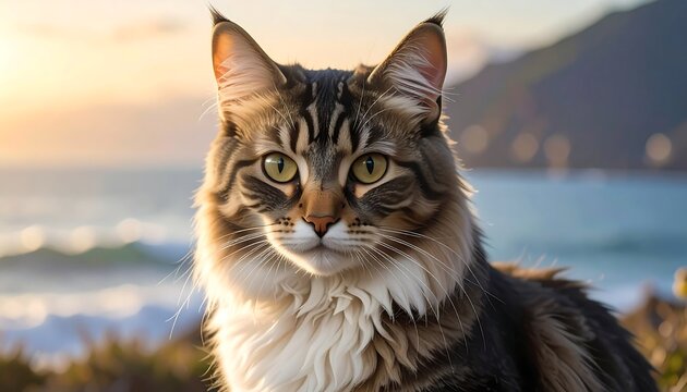 Fluffy, long-haired cat with striking green eyes poses near the ocean during golden hour