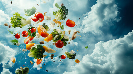 Culinary cloudscape: a fresh fruit and vegetable medley against ethereal skies for World Vegan Day, Veganuary, International Vegan Cuisine Month, World Vegan Month