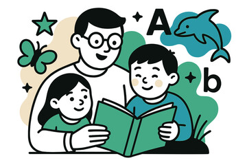 Imaginative Storytime Scene. Storytime fun. Parent reading a book to children with floating abstract shapes of