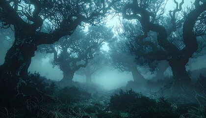 Eerie trees shrouded in fog stand in a dark forest, creating a mysterious and somewhat unsettling atmosphere