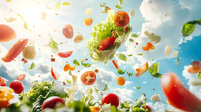 Fresh salad ingredients levitating in a vibrant sky, a healthy food paradise for World Vegan Day, Veganuary, International Vegan Cuisine Month, World Vegan Month