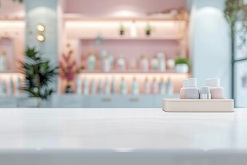 Cosmetic bottles on a white table in a beauty store