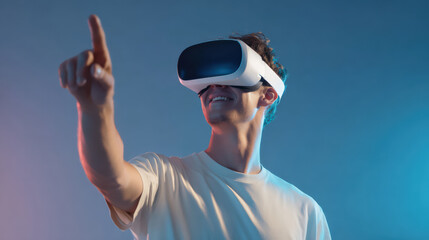 Young man using virtual reality headset in modern studio environment
