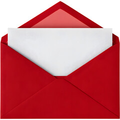 Red open envelope isolated on transparent background, representing love letter, message, or festive communication.