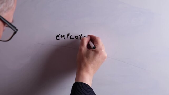An HR business professional is writing Employer Branding on a whiteboard in black marker pen, ideal for HR, recruitment, and business workplace presentations.