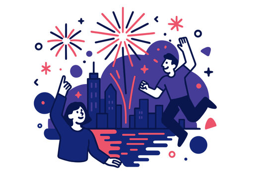 Skyline Fireworks Celebration. City Fireworks. A skyline glows beneath radiant bursts of light; bright trails