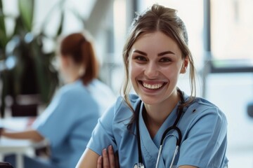 Fototapeta premium Young female nurse smiling in a healthcare setting