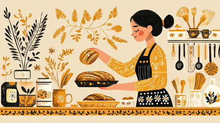 Woman baking bread in a cozy, stylized kitchen with floral elements for 
National Homemaker Day, National Housewife Day, National Homemade Bread Day