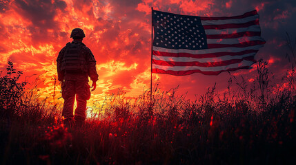 Dynamic soldier silhouette against waving American flag strong wind vivid red white blue colors darkening sky powerful patriotic text