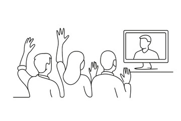 Interactive Virtual Meeting. Employee Engagement. Minimalistic one-line drawing participants raising hands or