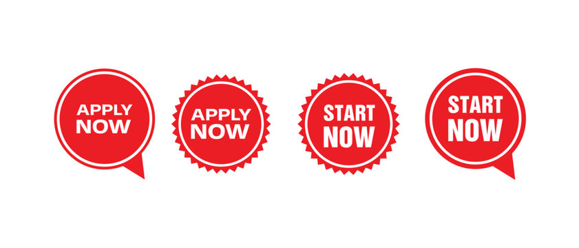 Apply Now and Start Now button label set modern red badge design for web banners, recruitment ads, business promotions, marketing campaigns, and digital call to action graphics