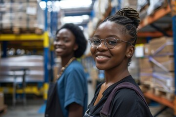 Two young women smiling in a warehouse