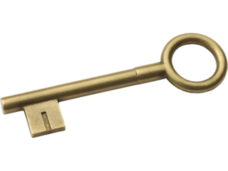 Antique golden key isolated on transparent background, symbolizing mystery, access, and opportunity.