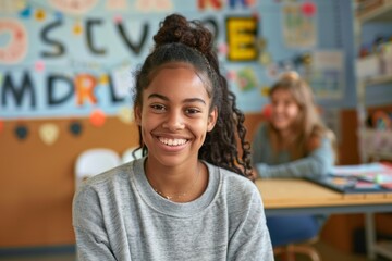 Smiling young girl in classroom with friends