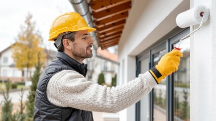 man wearing safety helmet and gloves using paint roller to apply white paint on building facade during outdoor renovation work - Powered by Adobe
