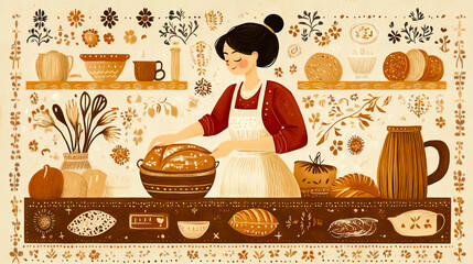 Whimsical depiction of a woman baking bread in a cozy, rustic kitchen setting for 
National Homemaker Day, National Housewife Day, National Homemade Bread Day