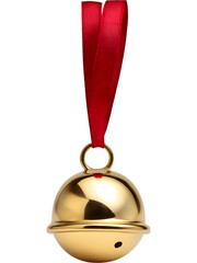 Hanging gold sleigh bell ornament with red ribbon isolated on transparent background, ideal for festive and winter decoration themes.